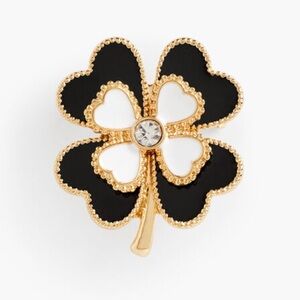 Elegant Talbots NWOT Black and Gold Four leaf Clover Brooch w/ Rhinestone center